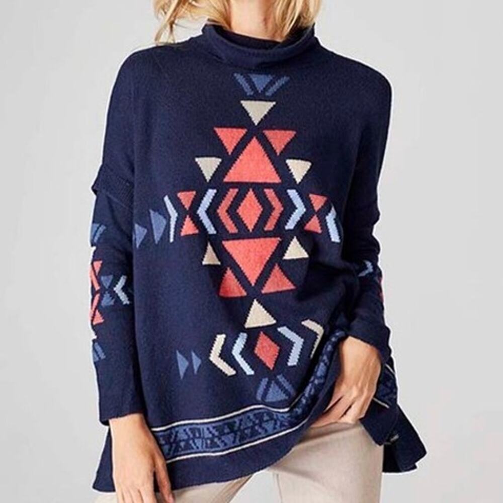 J.Jill Aztec Geometric Knit Poncho Southwestern Aztec Cozy Sweater Navy XLP